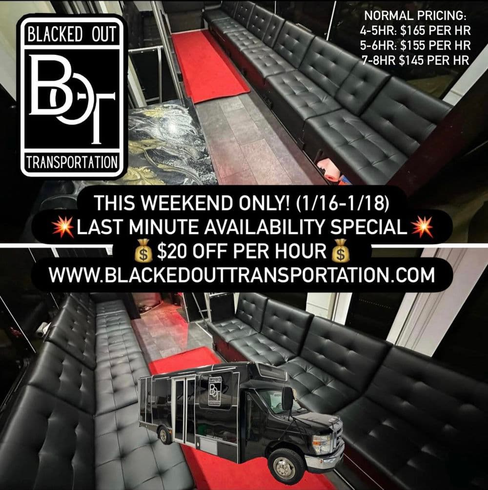 Black Out Transportation promotional image highlighting last minute availability special and vehicle.