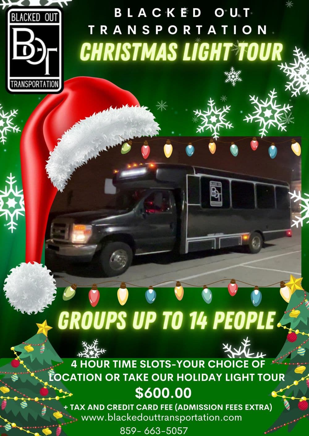 Blackout Transportation Christmas Light Tour van for groups up to 14, $600, 4-hour experience.
